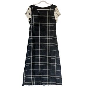 Alembika Windowpane Midi Dress Sz 2 (Medium) Mix Media Polka Dot & Plaid Artsy